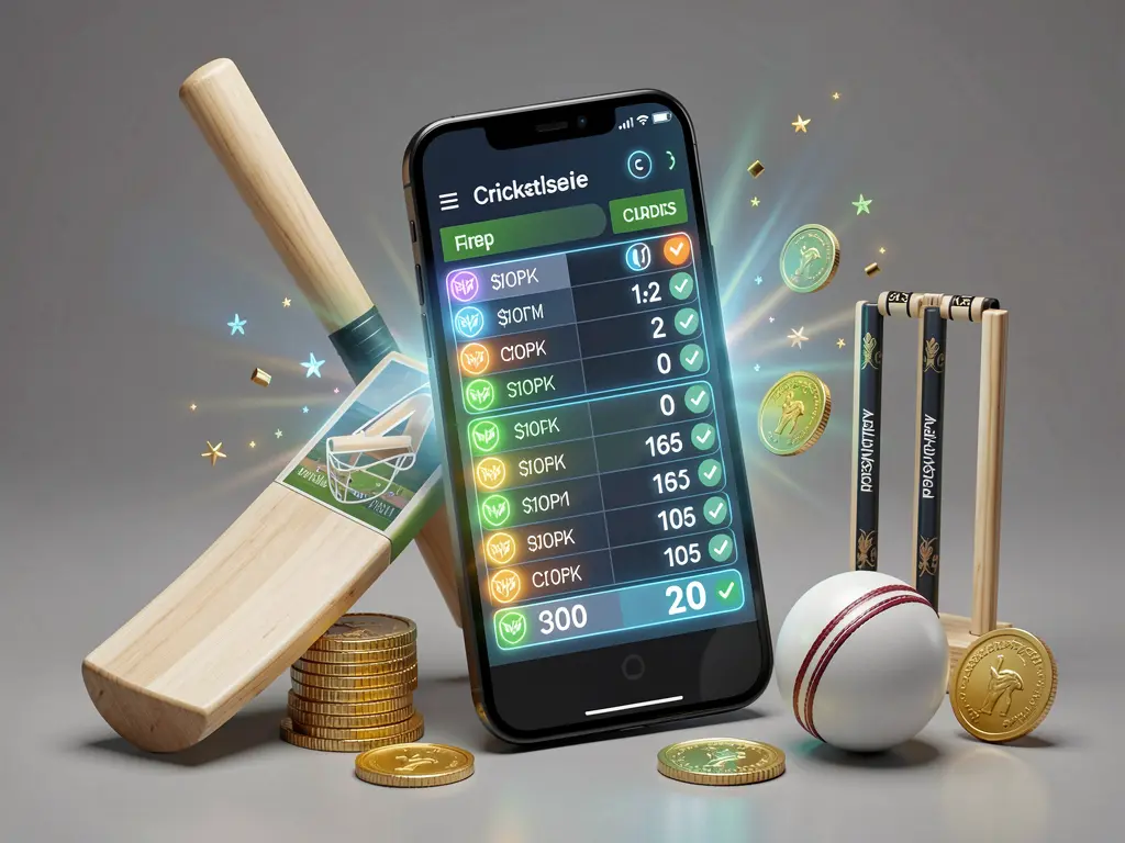 Lv 6666 modern cricket betting visual with smartphone displaying glowing cricket odds interface, cricket bat, ball, wickets, and golden coins in premium 3D illustration
