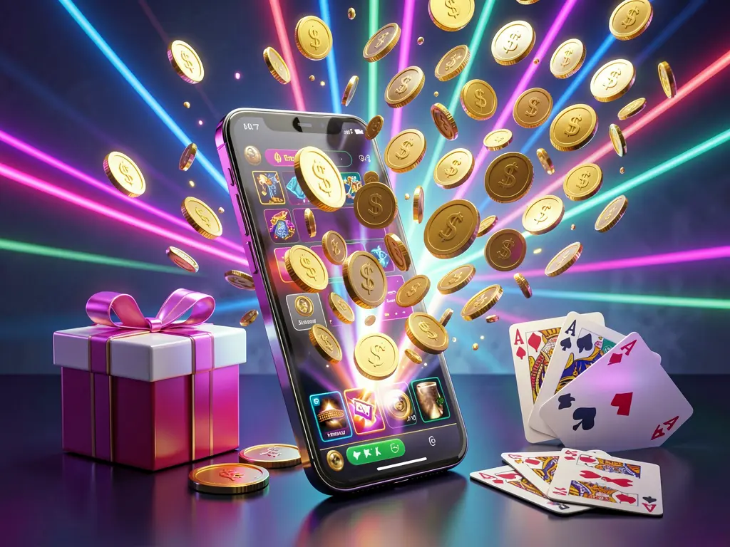 Lv 6666 mobile casino bonus banner featuring a smartphone with coins bursting from the screen, a gift box and playing cards nearby, all illuminated by a bright neon glow in a premium realistic 3D render