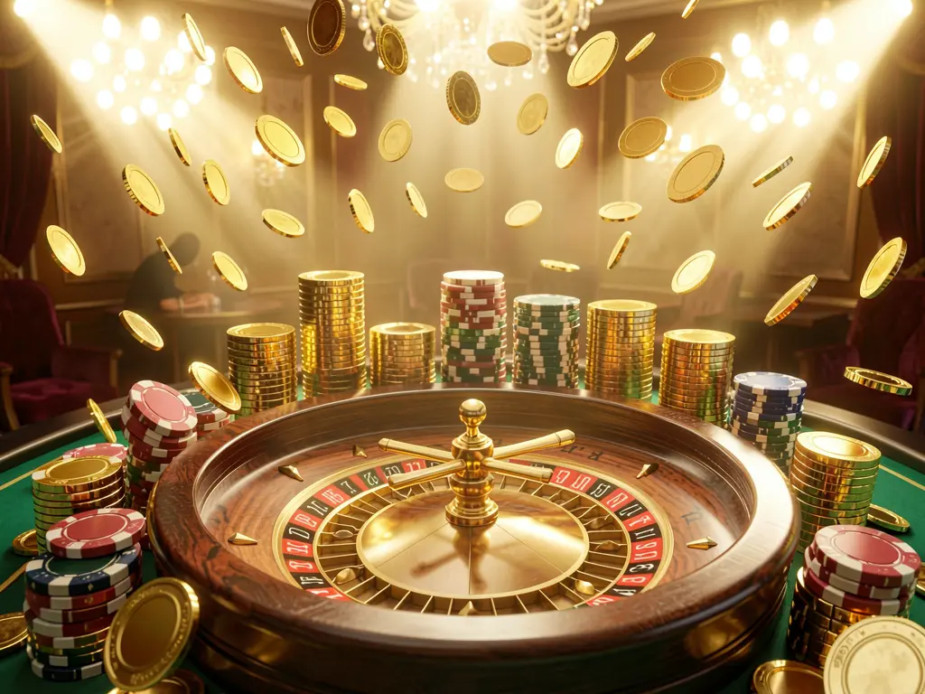 Lv 6666 casino jackpot scene featuring golden coins, colorful poker chips, a roulette wheel, and bright glowing lights in a luxurious celebration atmosphere