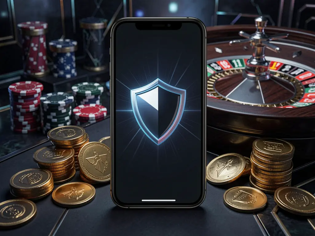 Secure mobile casino login screen on phone with shield icon, roulette wheel, poker chips, and golden coins in a dark cyber luxury atmosphere featuring Lv 6666 branding